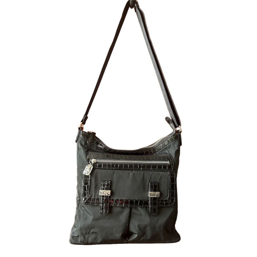 Brighton Women's Black Hobo Crossbody Shoulder Bag Nylon Patent Leather